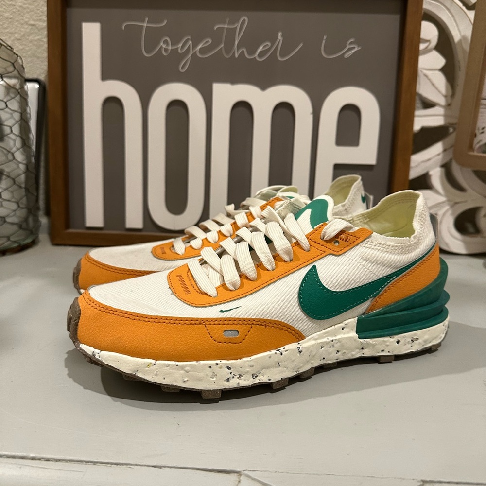 Nike White and Orange Athletic Shoes with Green Accents